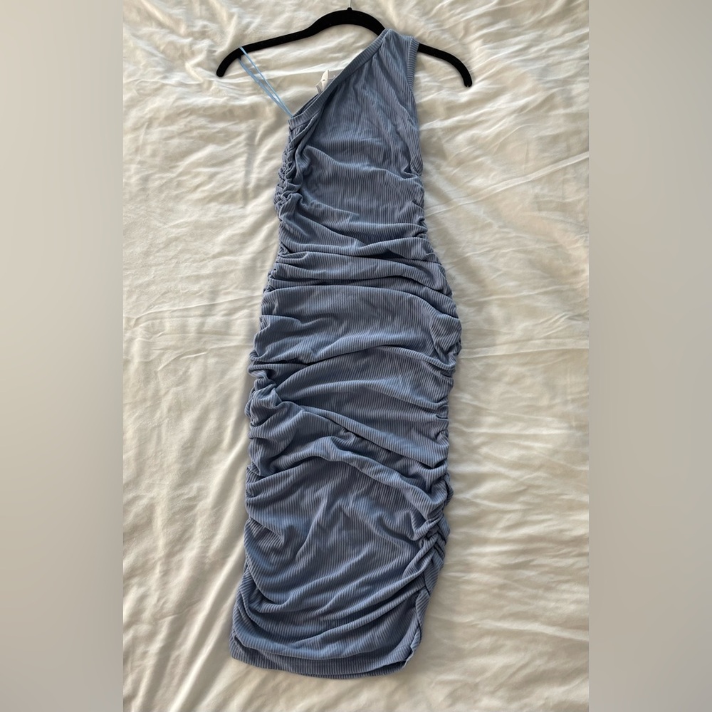 MABLE One-Shoulder Ruched Blue Dress